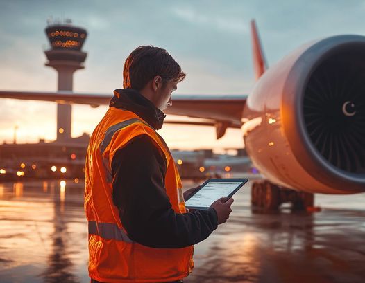 Airport ground crew member in a safety vest using a digital tablet near an aircraft engine on the tarmac at sunset.