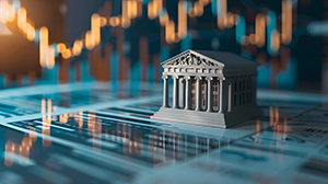 Abstract Financial Institution Building with Stock Reporting Background