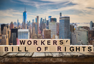 New York City Skyline with "Workers Bill of Rights" Blocks